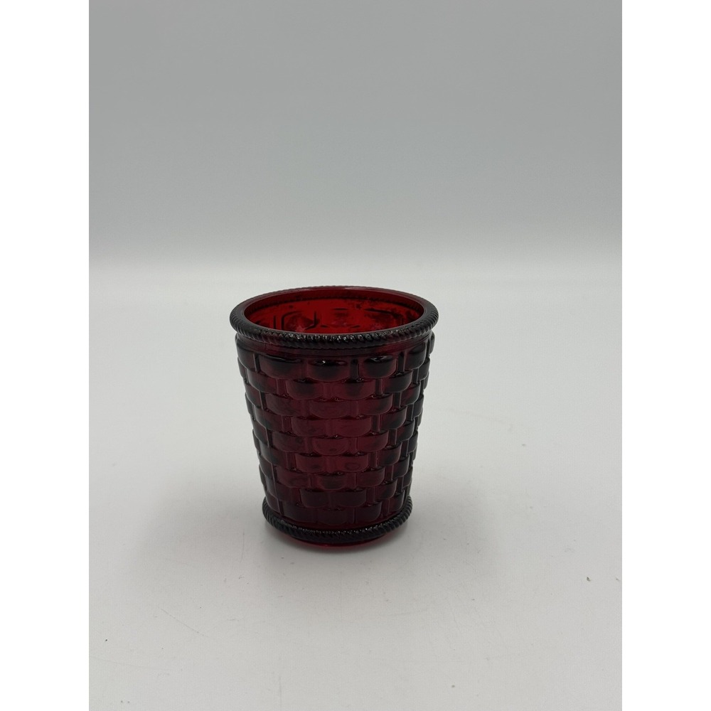 Ruby Red Pressed Glass Votive Candle Holder Basket Weave Braided Rim